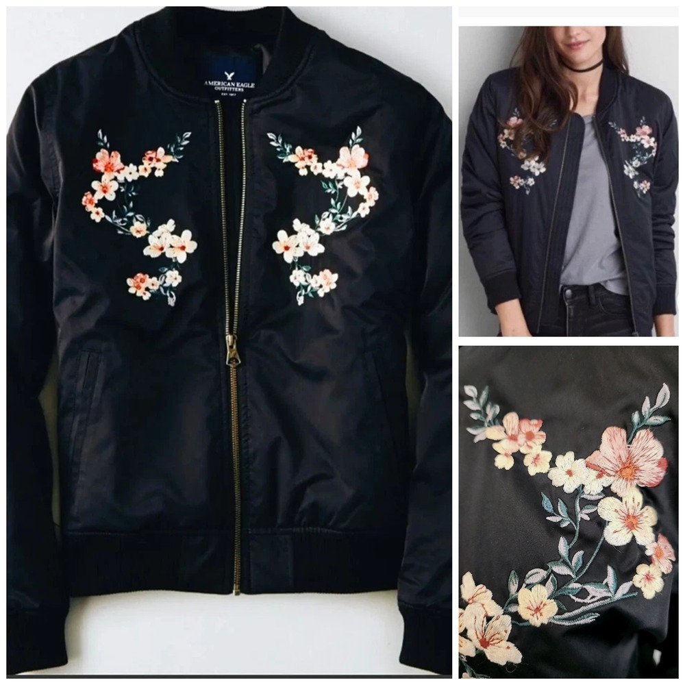 Y2k American Eagle Jacket‎ S Black Floral Embroidered Bomber Boho Festival New